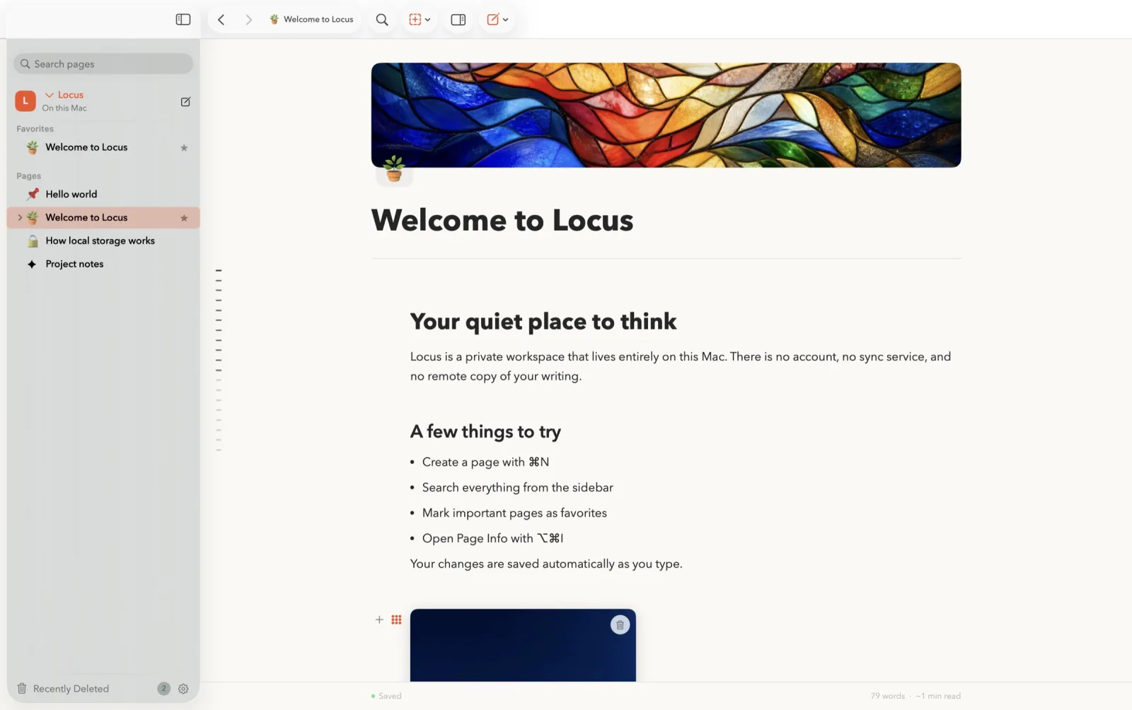 The Locus editor: a welcome page with a stained-glass cover, a sidebar of pages, and calm, readable writing.