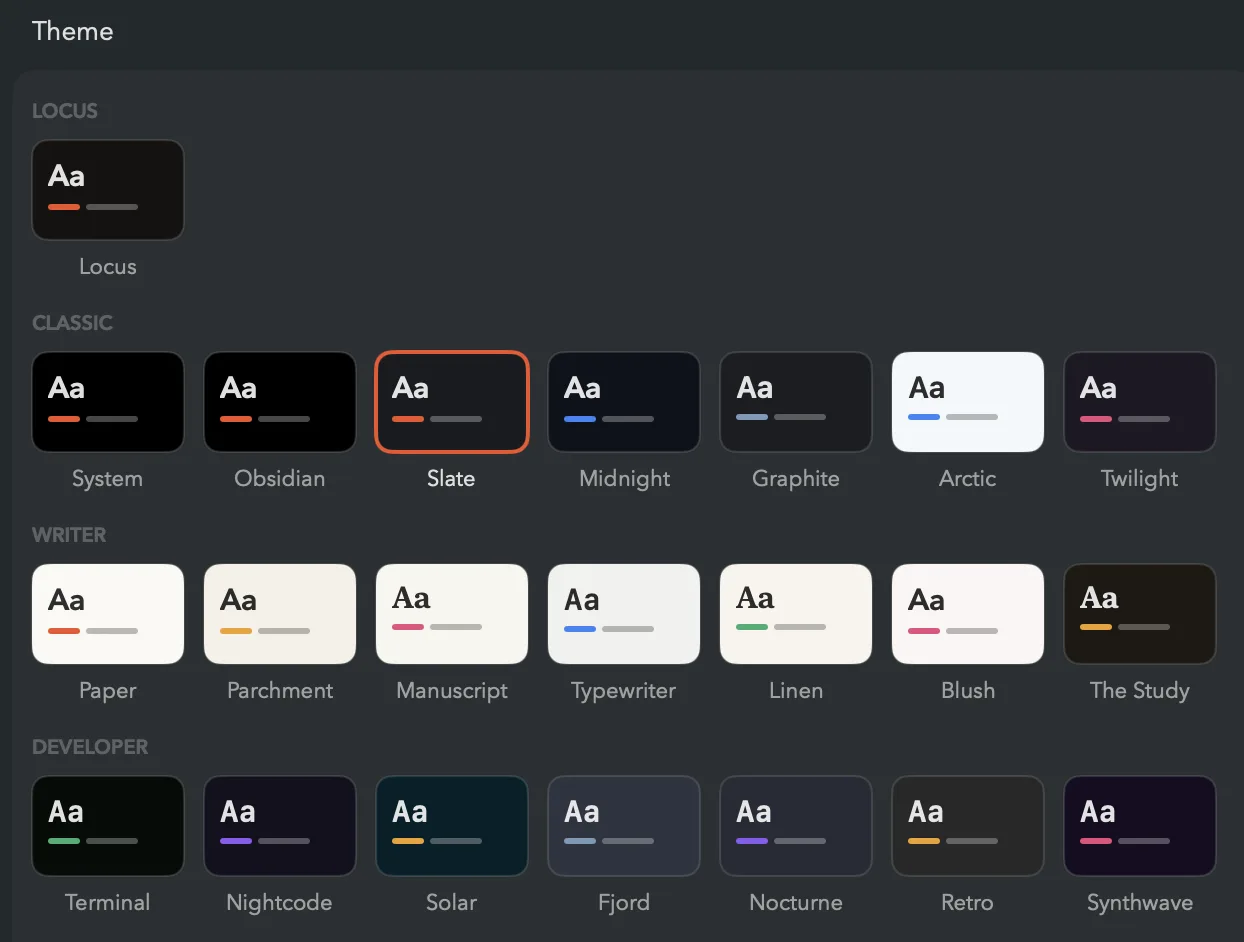 The Locus theme picker: rows of swatches for the Classic, Writer, and Developer theme families, with Slate selected.